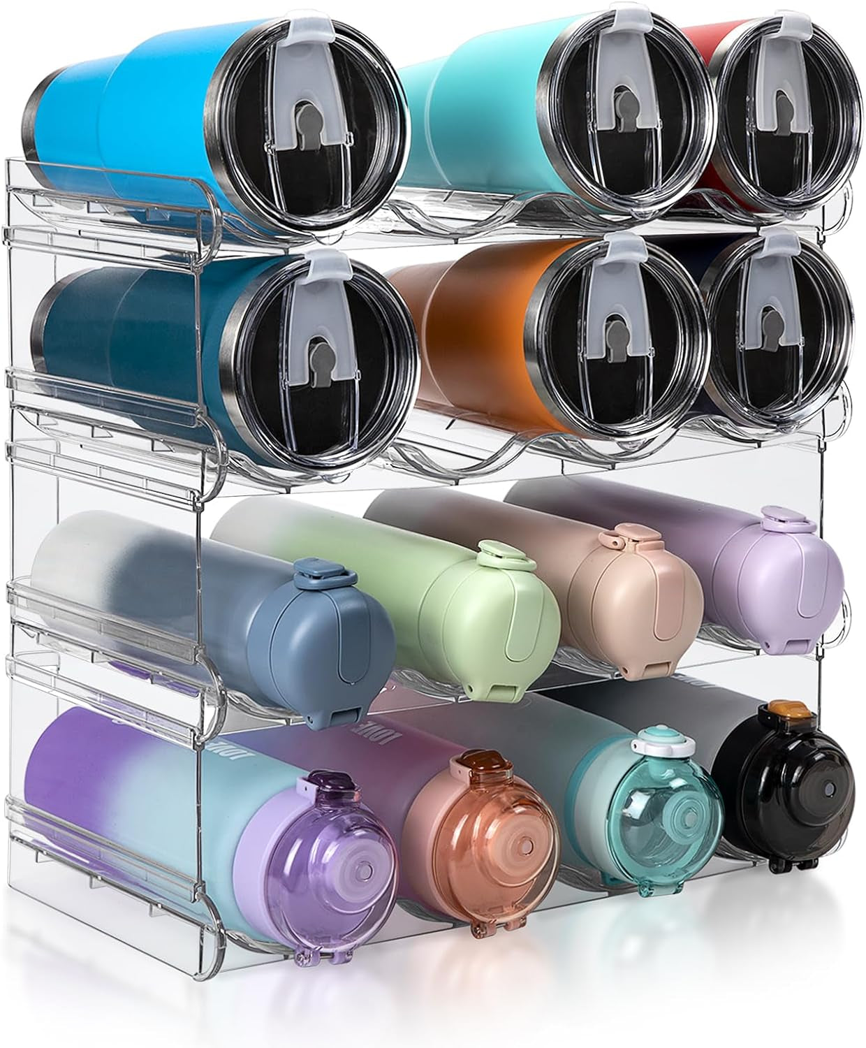 Stackable Water Bottle Organizer, Large Compartment Water Bottle Holder, 4 Tier Clear Water Bottle Organizer for Cabinet, Bottle Rack for Kitchen Organization and Storage - Hold 16 Bottles